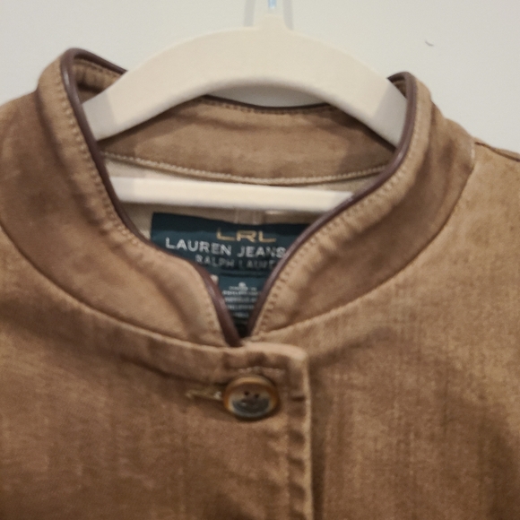 LRL Ralph Lauren Tan Button Down Military Style Sheep Leather Trim Jacket - Picture 4 of 14